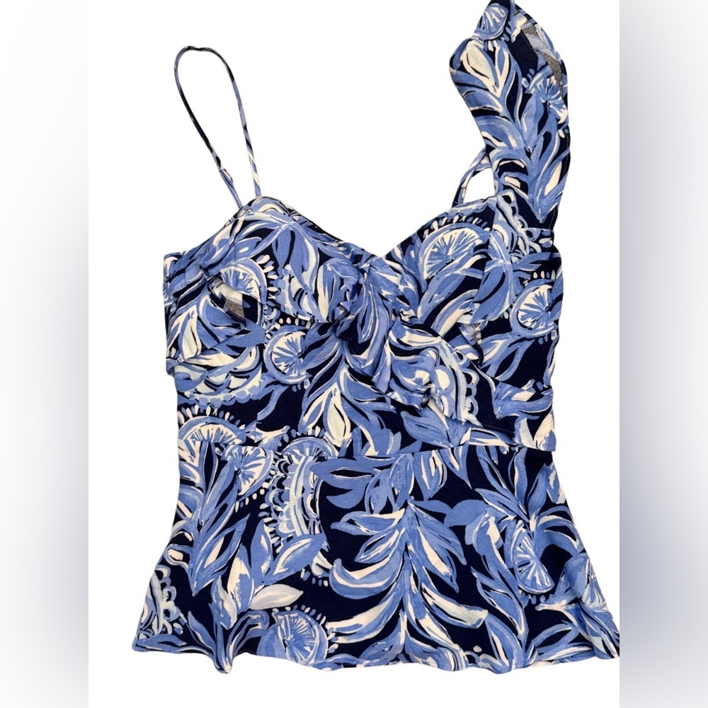 NWT Lilly Pulitzer Auria One Shoulder Ruffle Blue High Tide Top, Size 6
